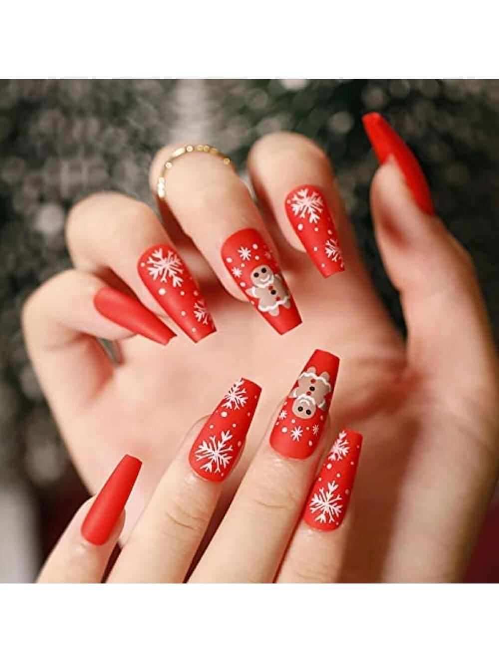 24 Matte Red Christmas Press on nails kit glue on snow flake gingerbread festive